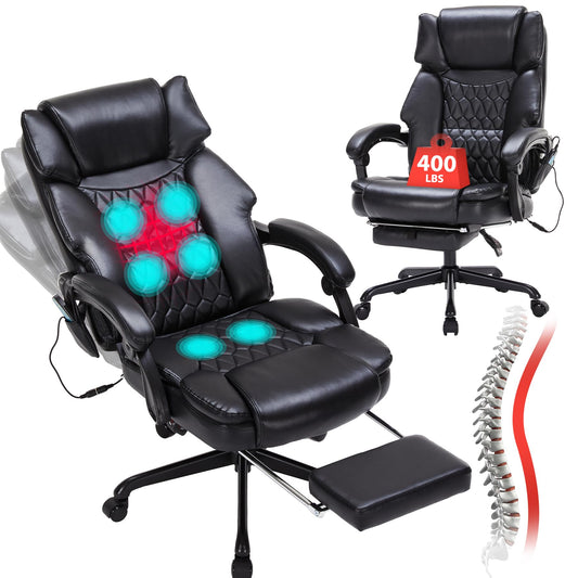 Massage Office Chair with Foot Rest 6 Points Vibration and Heat Home Office Desk Chairs for Heavy People 400lbs Reclining Managerial Chairs Ergonomic Executive Chair (Black)