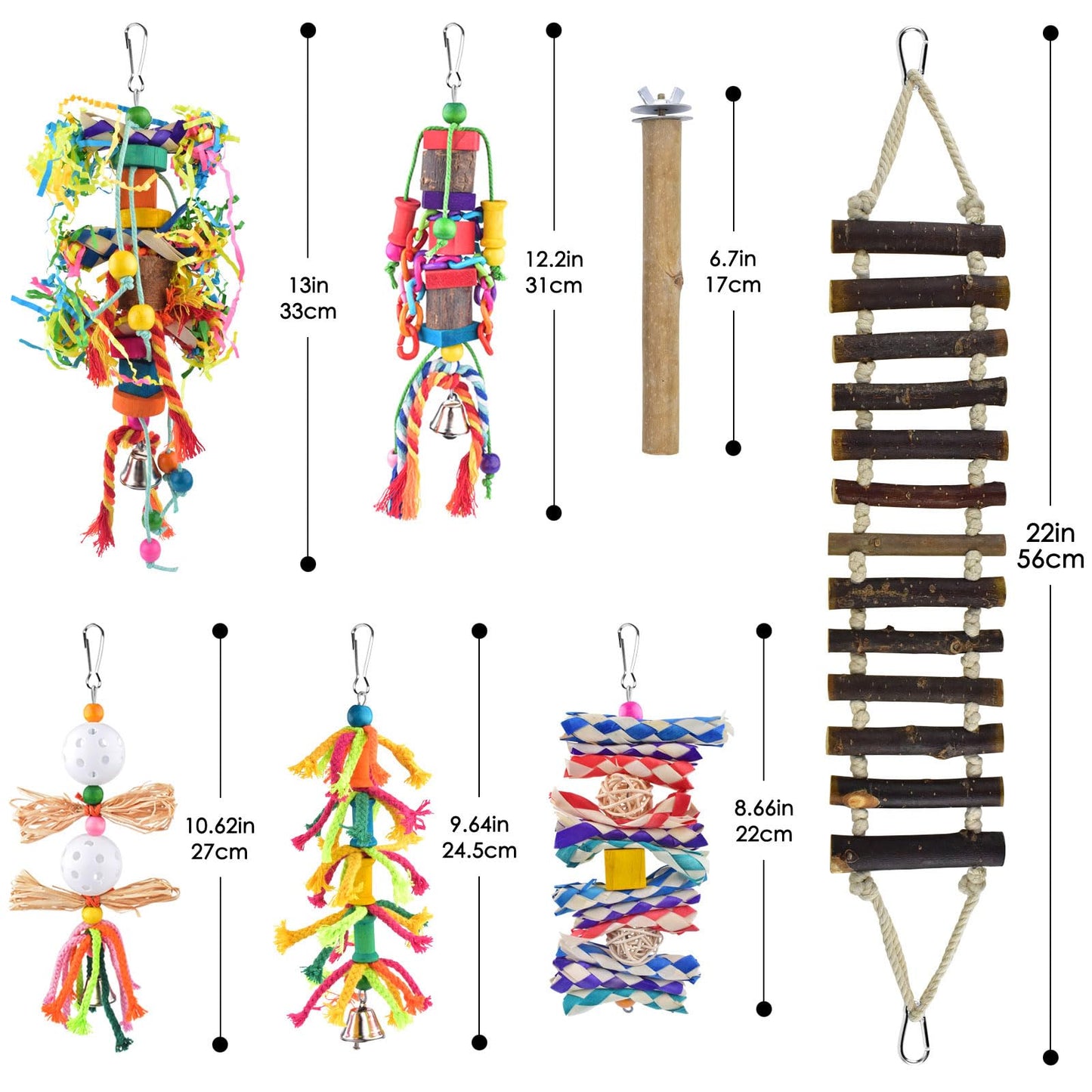 KATUMO Bird Toy Set, 7 PCS Small Bird Toys for Parrot, Including Wooden Ladder, Chewing Toys, Perch - Pet Activity Structure for Indoor, Outdoor, Climbing, Entertainment