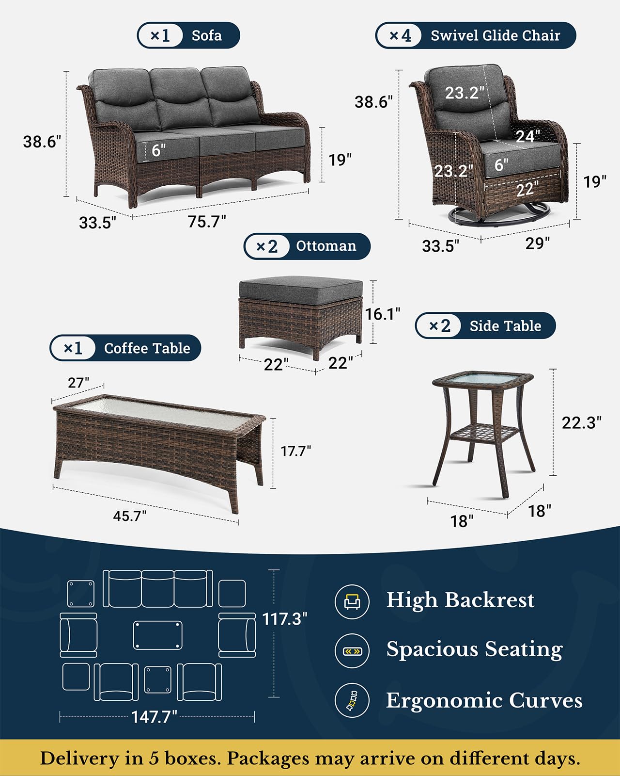 HILLGA Luxury Patio Furniture Set with 6-inch Thick Cushion, Outdoor Couch and High Back Swivel Rocker Patio Chairs, 10PCS Wicker Conversation Set for Deck Yard and Poolside, Dark Grey (V2)