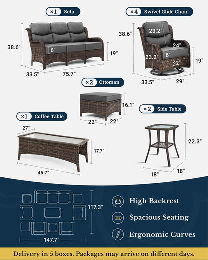HILLGA Luxury Patio Furniture Set with 6-inch Thick Cushion, Outdoor Couch and High Back Swivel Rocker Patio Chairs, 10PCS Wicker Conversation Set for Deck Yard and Poolside, Dark Grey (V2)