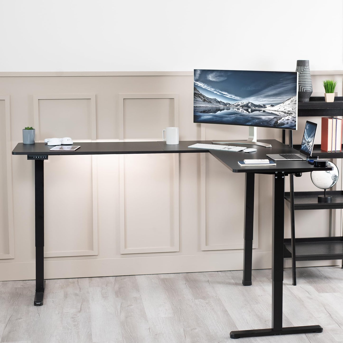 VIVO Electric Height Adjustable 75 x 63 inch Corner Stand Up Desk, Black Table Top, Black Frame, L-Shaped Standing Workstation, 3CT Series, DESK-E3CTB-75