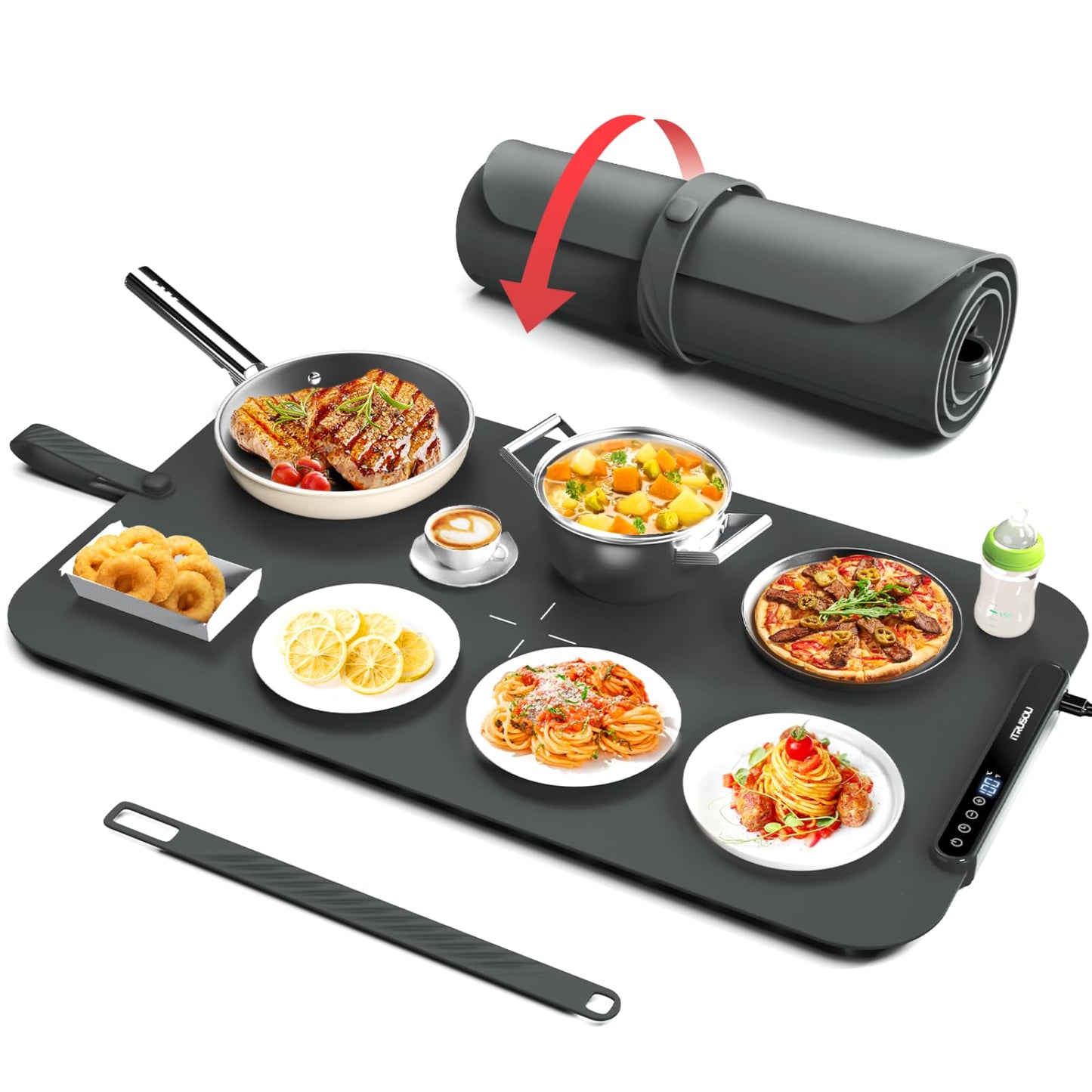 Food Warming Mat, iTRUSOU Silicone Electric Warming Tray with 7 Temp-Settings, 1-8Hr Auto Shut-Off, Switchable Fahrenheit/Celsius, Upgrade Strap Keep Food Warm at Buffet, Party, Sabbath, Daily Use