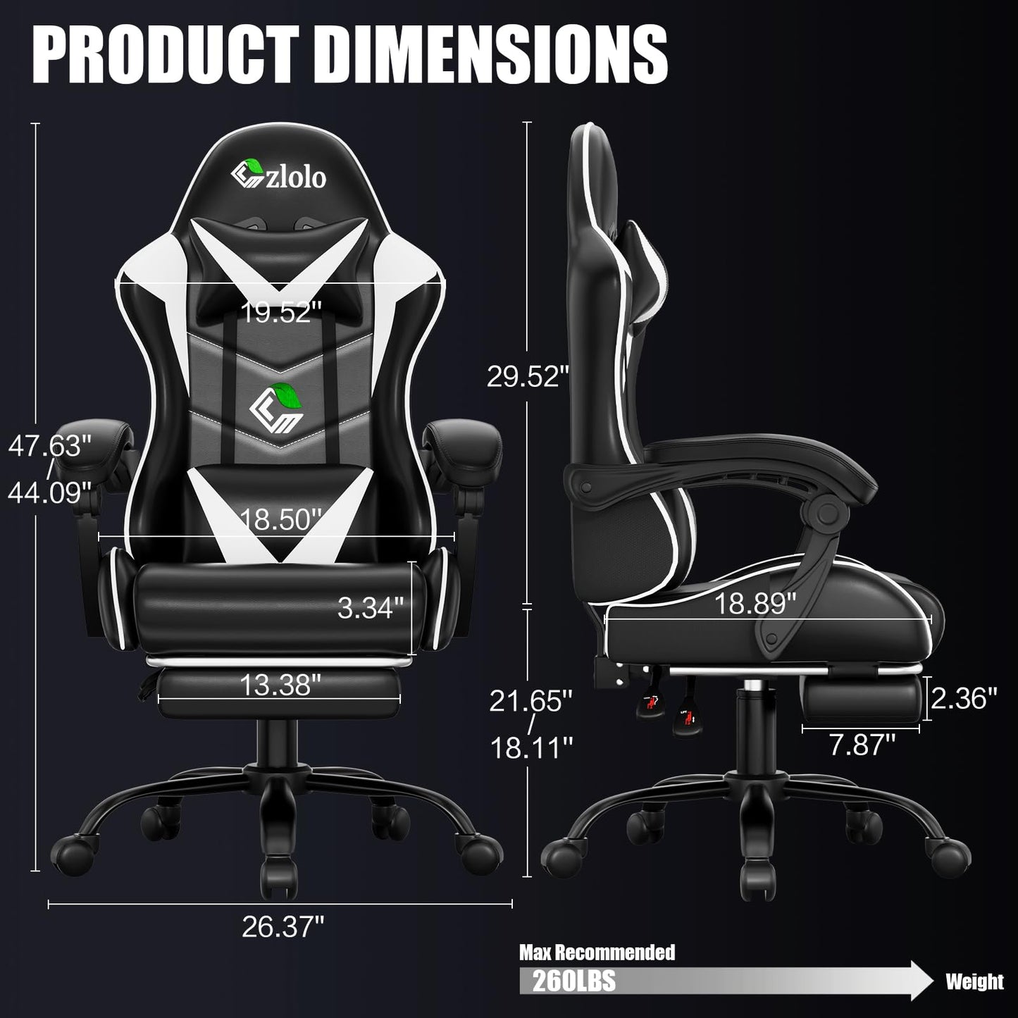 Czlolo Gaming Chair with Footrest Racing Style Lumbar Support Massager Video Game Chair with Metal Legs, High Back Reclining Gamer Chair with Headrest, 360° Swivel Office Computer Desk Chair (White)
