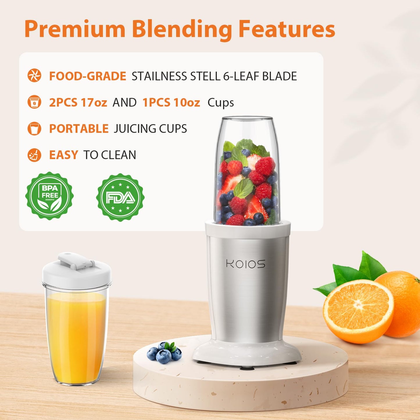 KOIOS PRO 900W Personal Blender for Shakes and Smoothies, 11 Pcs Countertop Blenders with 6-edge Blade for Kitchen Baby Food, Grinder for Beans, Nuts, Spice Protein Mixer, 2x17oz + 10oz Cups, BPA Free