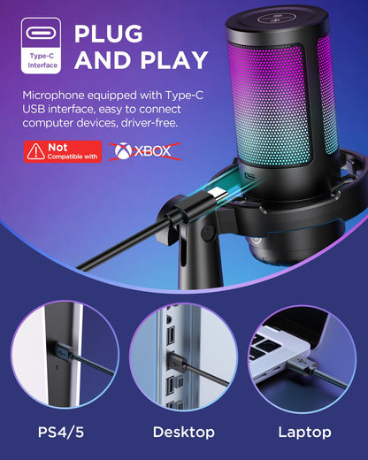 InnoGear Gaming USB Microphone, Noise Cancellation Condenser Mic with Mute, Gain, RGB Indicator, Boom Arm Stand for Streaming, Podcast, Twitch, YouTube, Discord, PC, Computer, PS4, PS5, Mac, Black