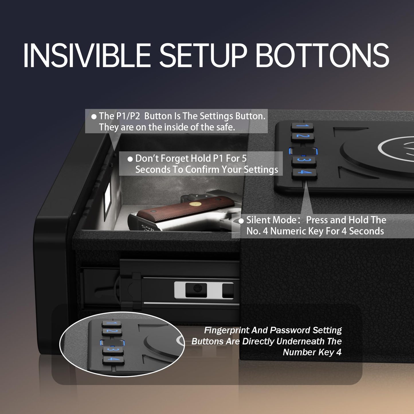 ORARAER Biometric Smart Gun Safe with Wireless Charging, 3 Quick Access Money Box with Fingerprint - Compact Bedside Drawer Safe, 24/7 Digital Clock handgun safe,Valentines Day Gifts for Him