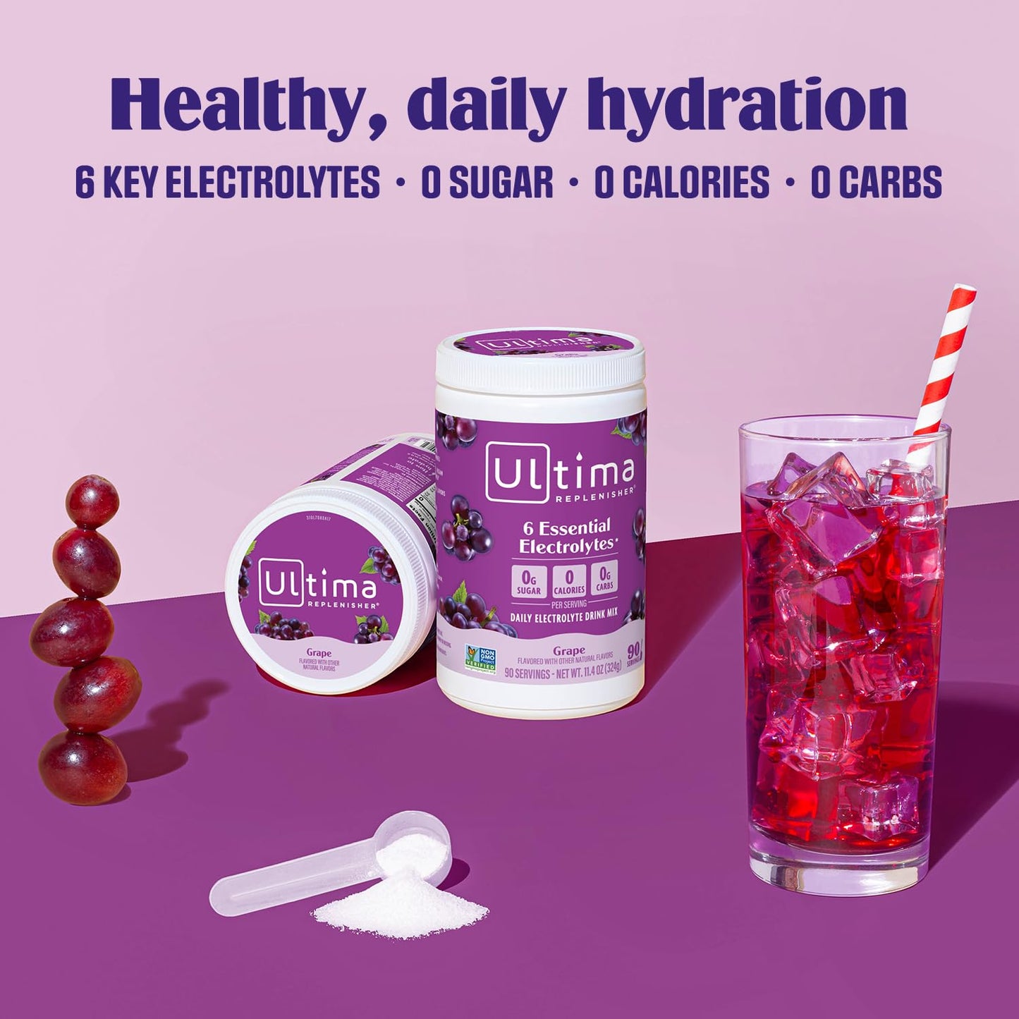 Ultima Replenisher Daily Electrolyte Powder Drink Mix – Sugar Free – Grape, 90 Servings – Hydration Powder with 6 Key Electrolytes and Trace Minerals – Keto Friendly, Vegan, Non-GMO
