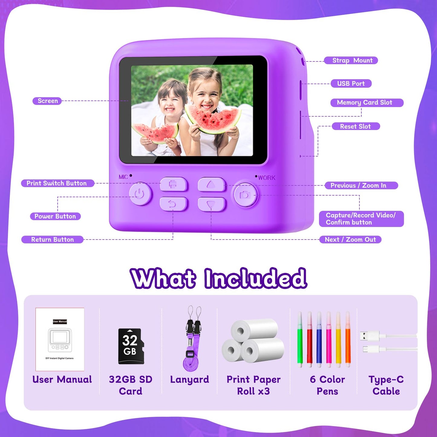 MindPal Kids Camera Instant Print, 1080P Digital Camera with 32GB Card, Portable with Lanyard, Instant Print Camera for Kids, for 3 4 5 6 7 8 9 Year Old Girls Boys Kids