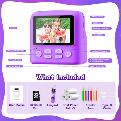 MindPal Kids Camera Instant Print, 1080P Digital Camera with 32GB Card, Portable with Lanyard, Instant Print Camera for Kids, for 3 4 5 6 7 8 9 Year Old Girls Boys Kids