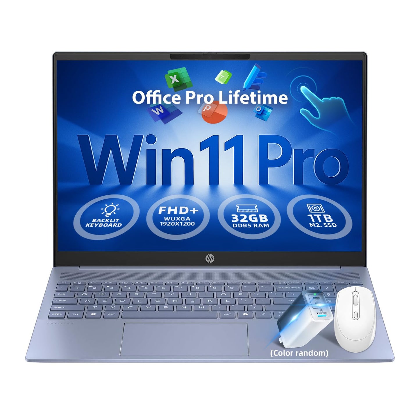HP Pavilion 16 Touchscreen Laptop – Intel Core 7 150U (Beats i7-1355U) – 16" WUXGA Display – AI Copilot, Backlit – Windows 11 Pro, Office Pro Lifetime 65W GaN Charging– Sky Blue – 32GB RAM | 1TB SSD