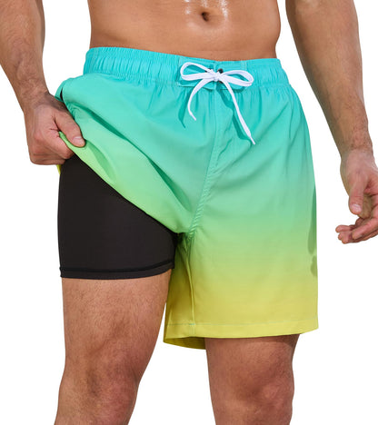 SILKWORLD Men Swimming Trunks 2 in 1 Swim Shorts Breathable Elastic Waist Bathing Suit, Yellow Green Gradient, XX-Large