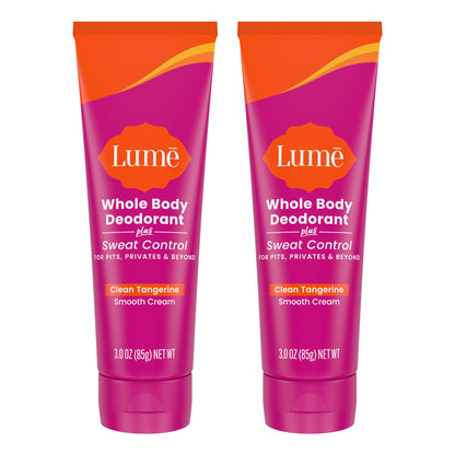 Lume Whole Body Deodorant Plus Sweat Control - Smooth Cream Tube - 72 Hour Odor And Sweat Control - Baking Soda Free, Skin Loving - 3.0 ounce (Pack of 2) (Clean Tangerine)