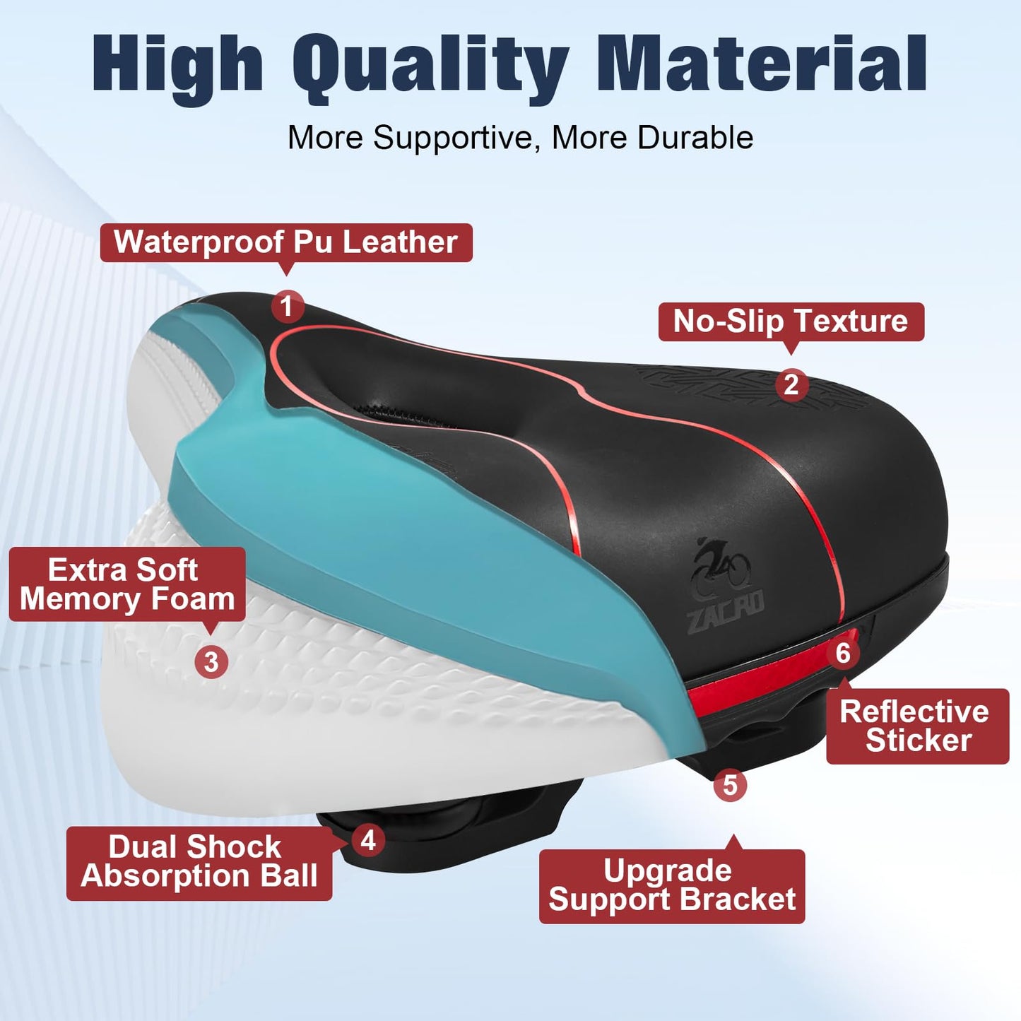 Zacro Comfortable Bike Seat Cushion for Men Women, Padded Bicycle Seat Memory Foam with Dual Shock Absorbing, Wide Soft Bike Saddle Replacement Fit for Stationary/Exercise/Indoor/Mountain/Road Bikes