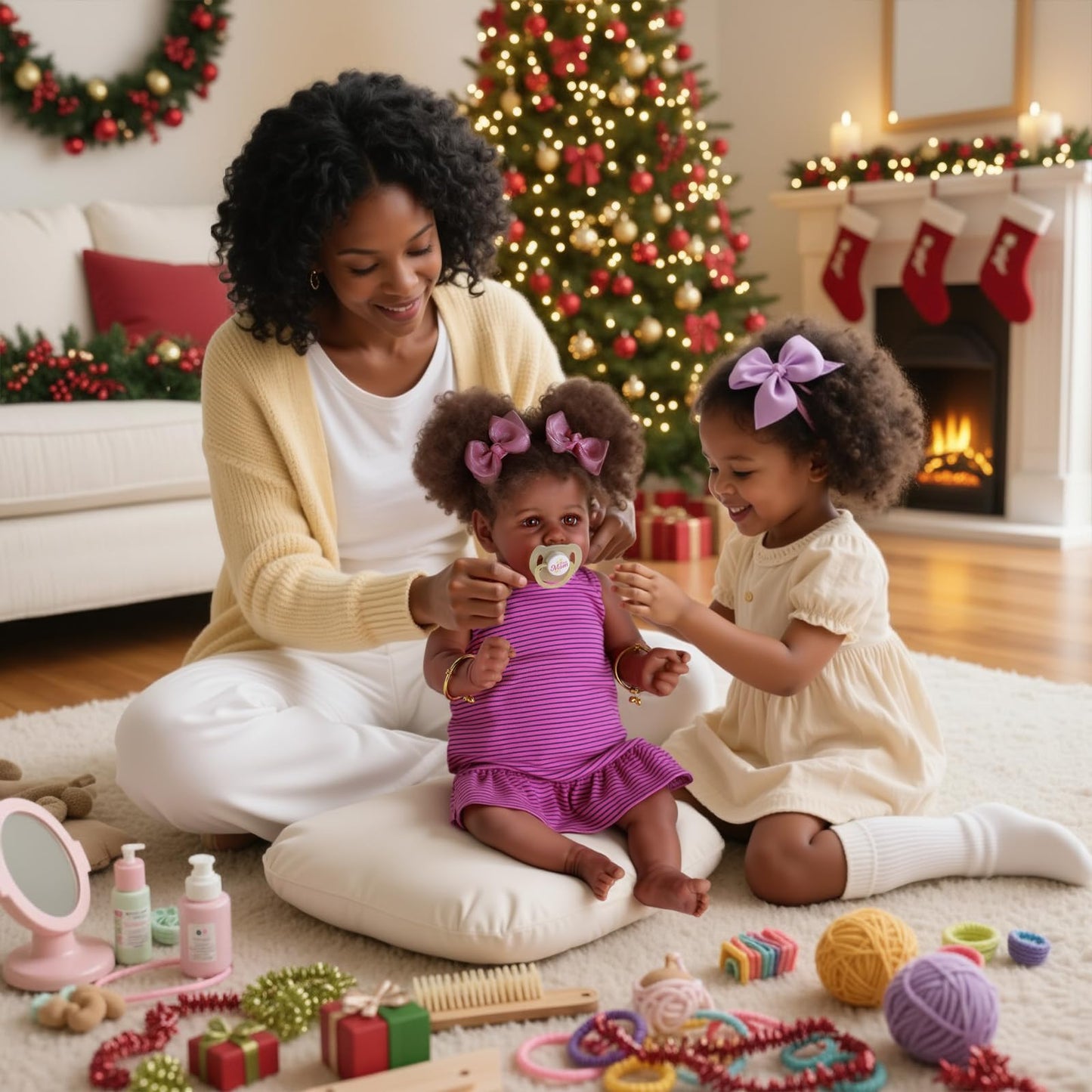 JIZHI Reborn Baby Dolls Black - 22 Inch Lifelike Soft Body Realistic-Newborn Baby Dolls Taupe Eyes Caramel Skin Tone Pink Striped Skirt Real Life and Toy Accessories Gift for Kids Age 3