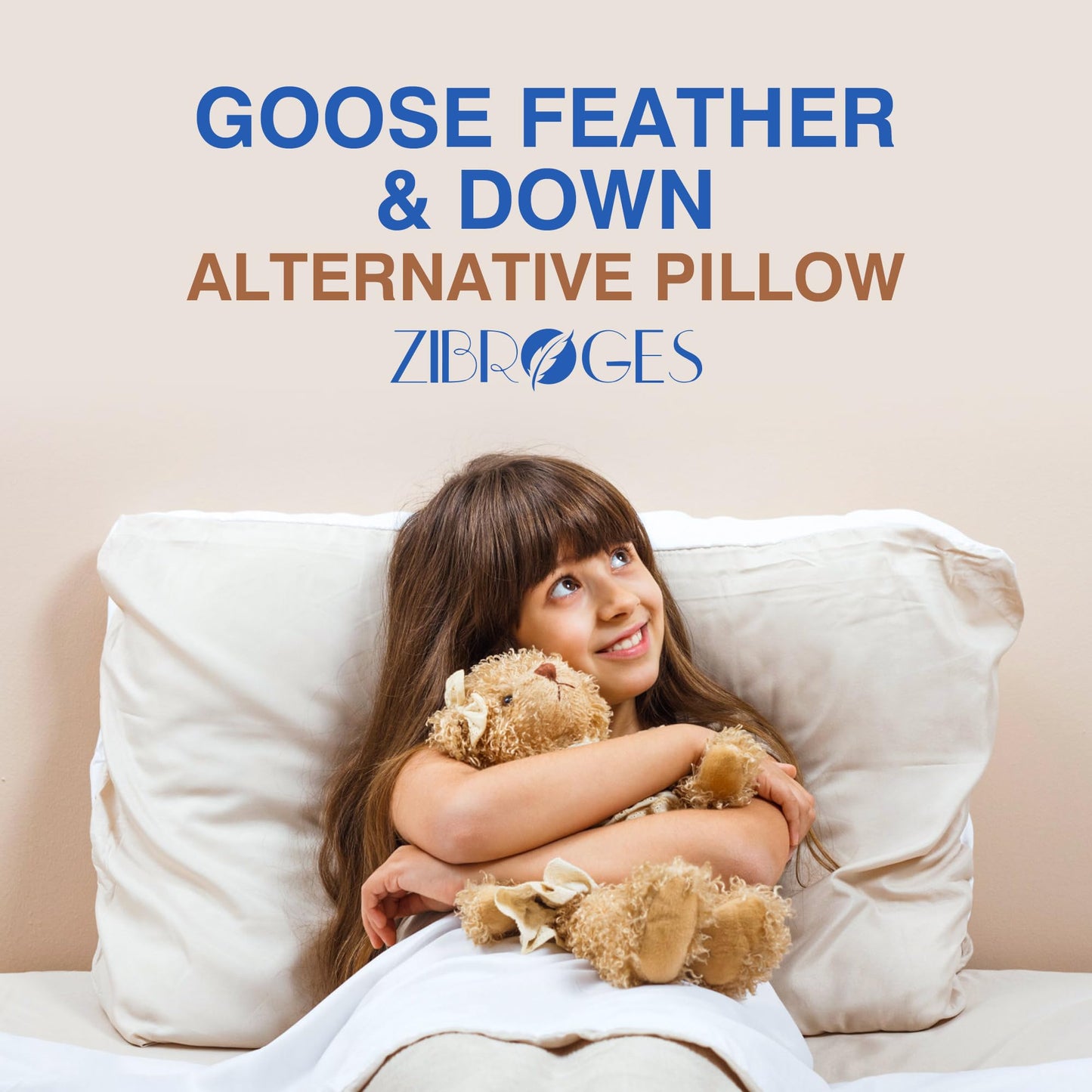 zibroges Goose Feather Pillow Queen Size Pack of 2 - Hotel Down Bed Pillows for Sleeping, Soft 600 Thread Count Cotton Cover, Fluffy Support Surround Fill Polyester for Back, Stomach, Side Sleepers