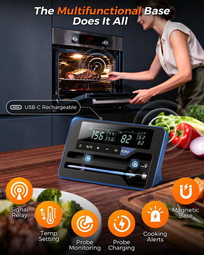 Alfolive 2025 AI Wireless Meat Thermometer, Smart Bluetooth Meat Thermometer Digital, ±0.5°F High Accuracy, Grill Temperature Probe for BBQ, Grilling, Smoker, Oven, Cooking, Air Fryer, 2 Probes