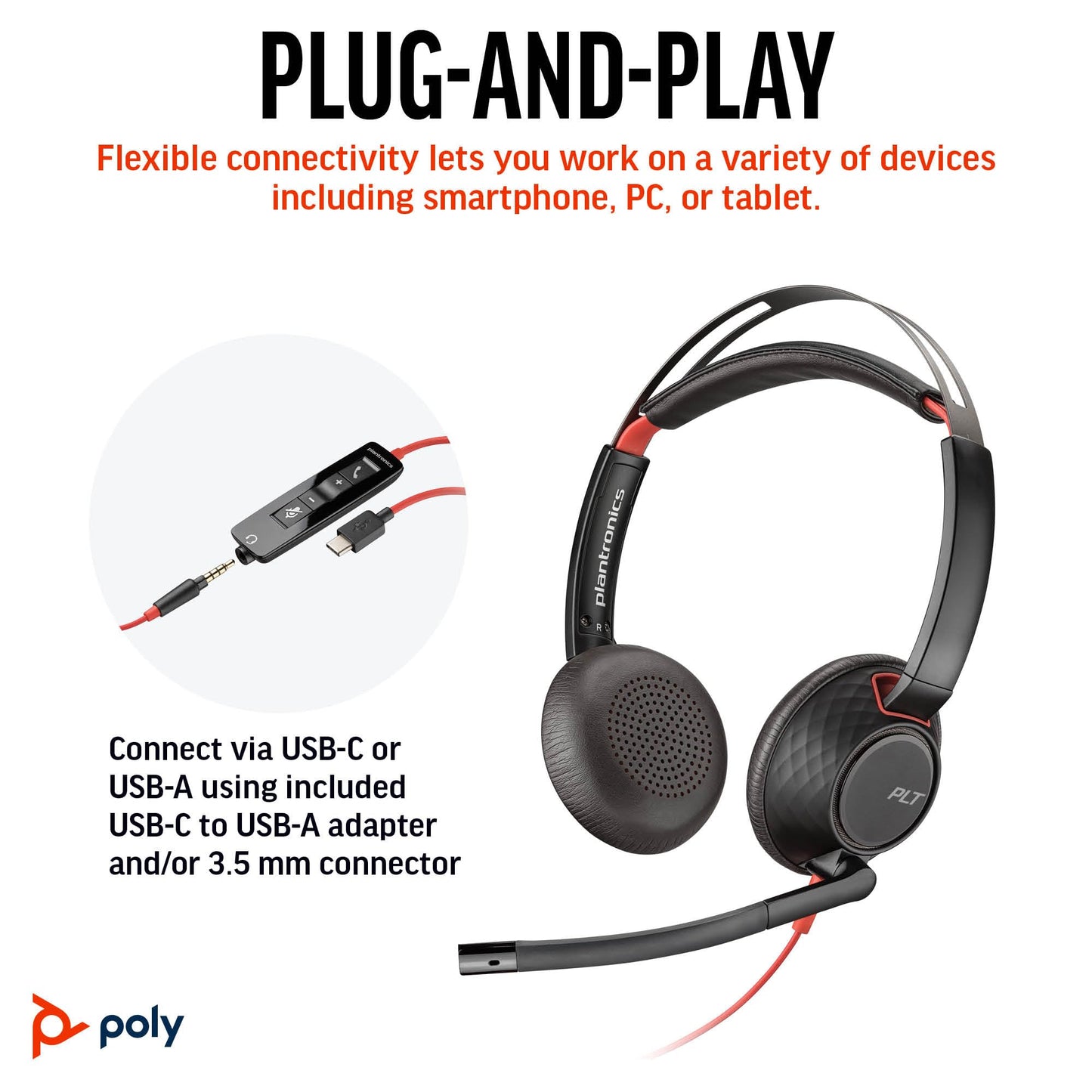 Poly Blackwire 5220 Wired Headset (Plantronics) Flexible Noise-Canceling Boom Mic Ergonomic Design - PC/Mac, Mobile via USB-C, USB-A, 3.5mm - Works w/Teams, Zoom - Amazon Exclusive (9P7X6AA)