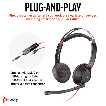 Poly Blackwire 5220 Wired Headset (Plantronics) Flexible Noise-Canceling Boom Mic Ergonomic Design - PC/Mac, Mobile via USB-C, USB-A, 3.5mm - Works w/Teams, Zoom - Amazon Exclusive (9P7X6AA)