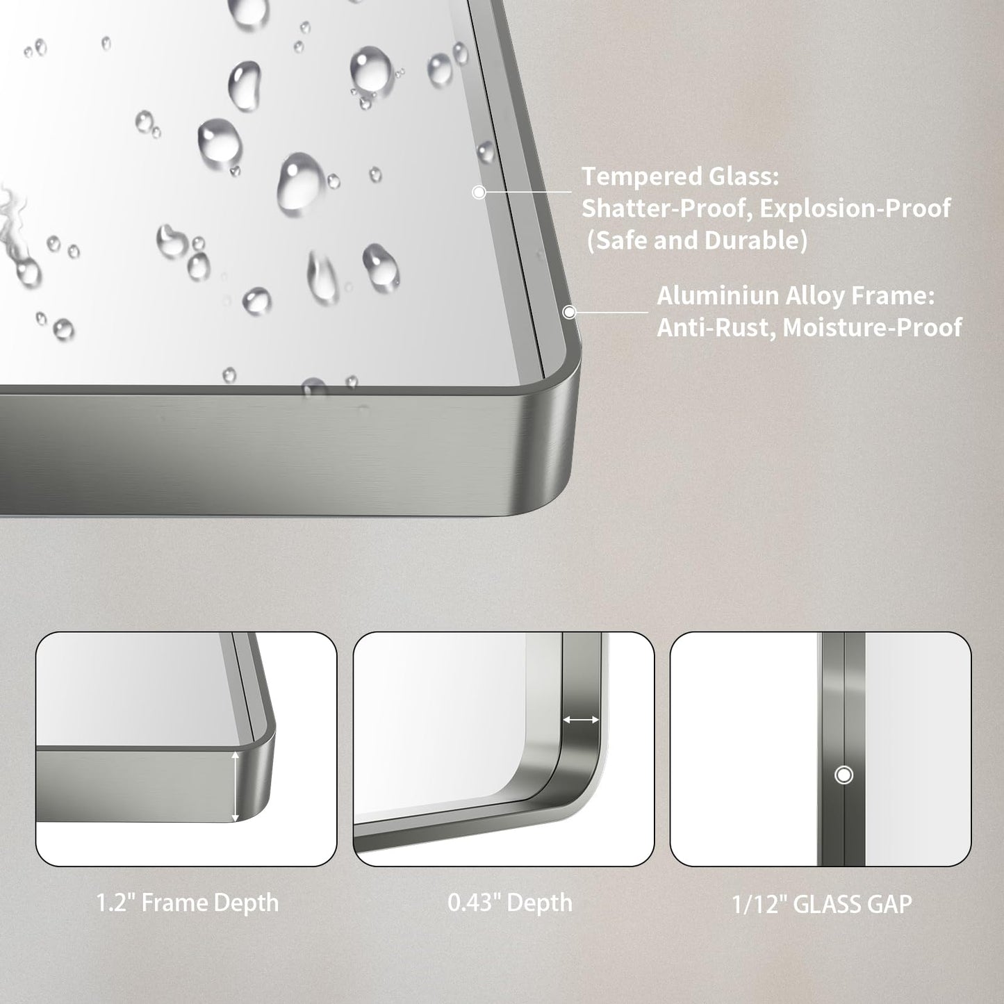 LOAAO 24X36 Inch Brushed Nickel Bathroom Mirror, Rounded Rectangle Silver Metal Frame Mirror, Brushed Nickel, Anti-Rust, Hangs Horizontally or Vertically