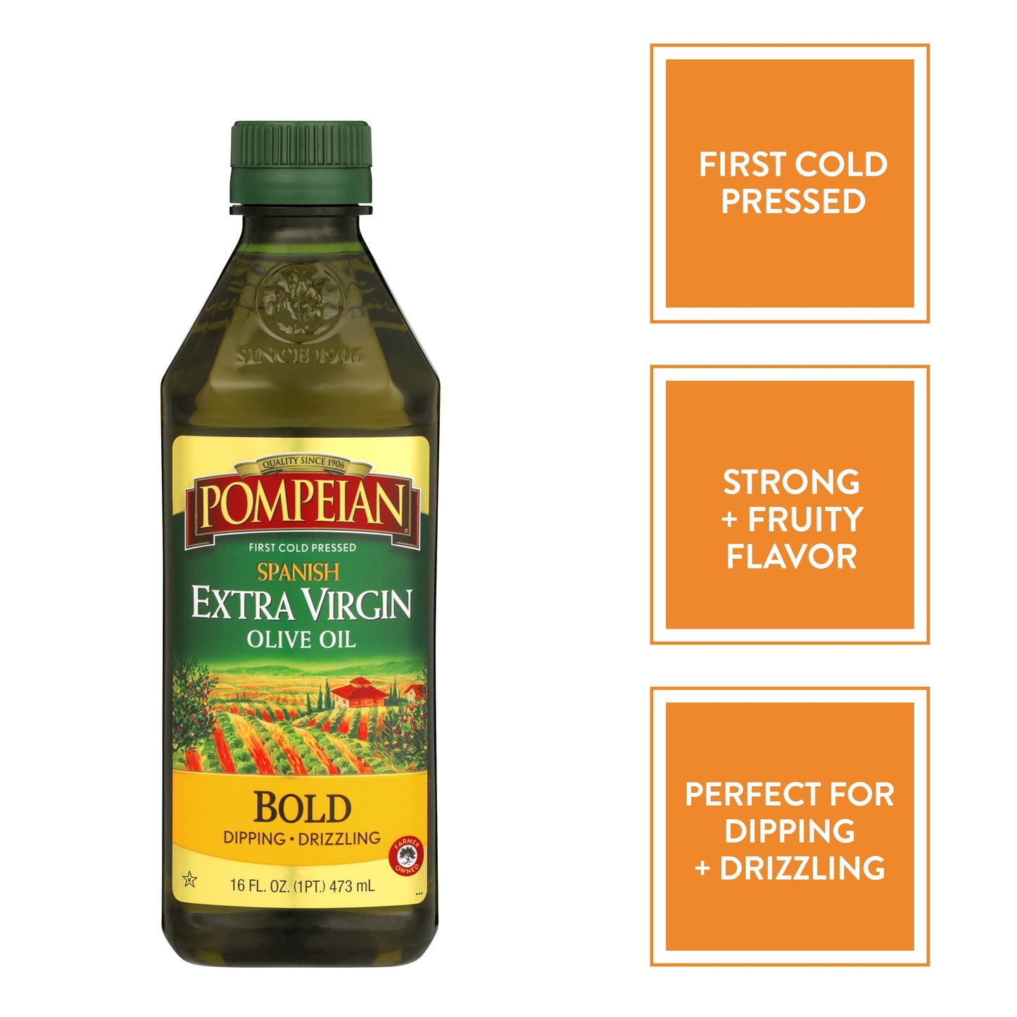 Pompeian Spanish Bold Extra Virgin Olive Oil, First Cold Pressed, Strong, Fruity Flavor, Perfect for Dipping and Drizzling, 16 FL. OZ.