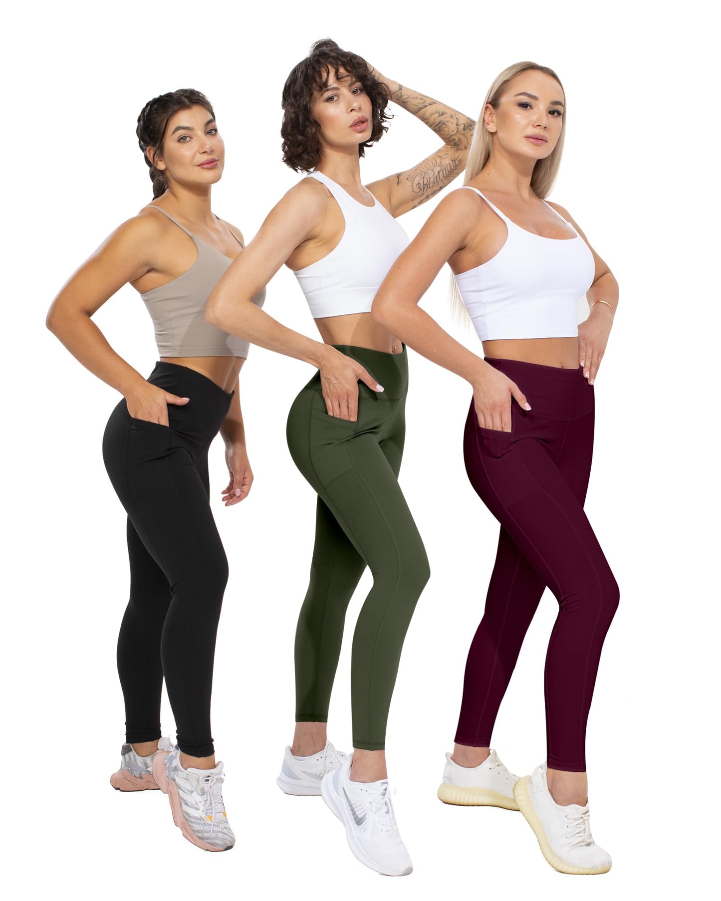 CHRLEISURE Leggings with Pockets for Women, High Waisted Tummy Control Workout Yoga Pants(5 Packs Black,Navy,Brown,Cassis,Green, 3XL)