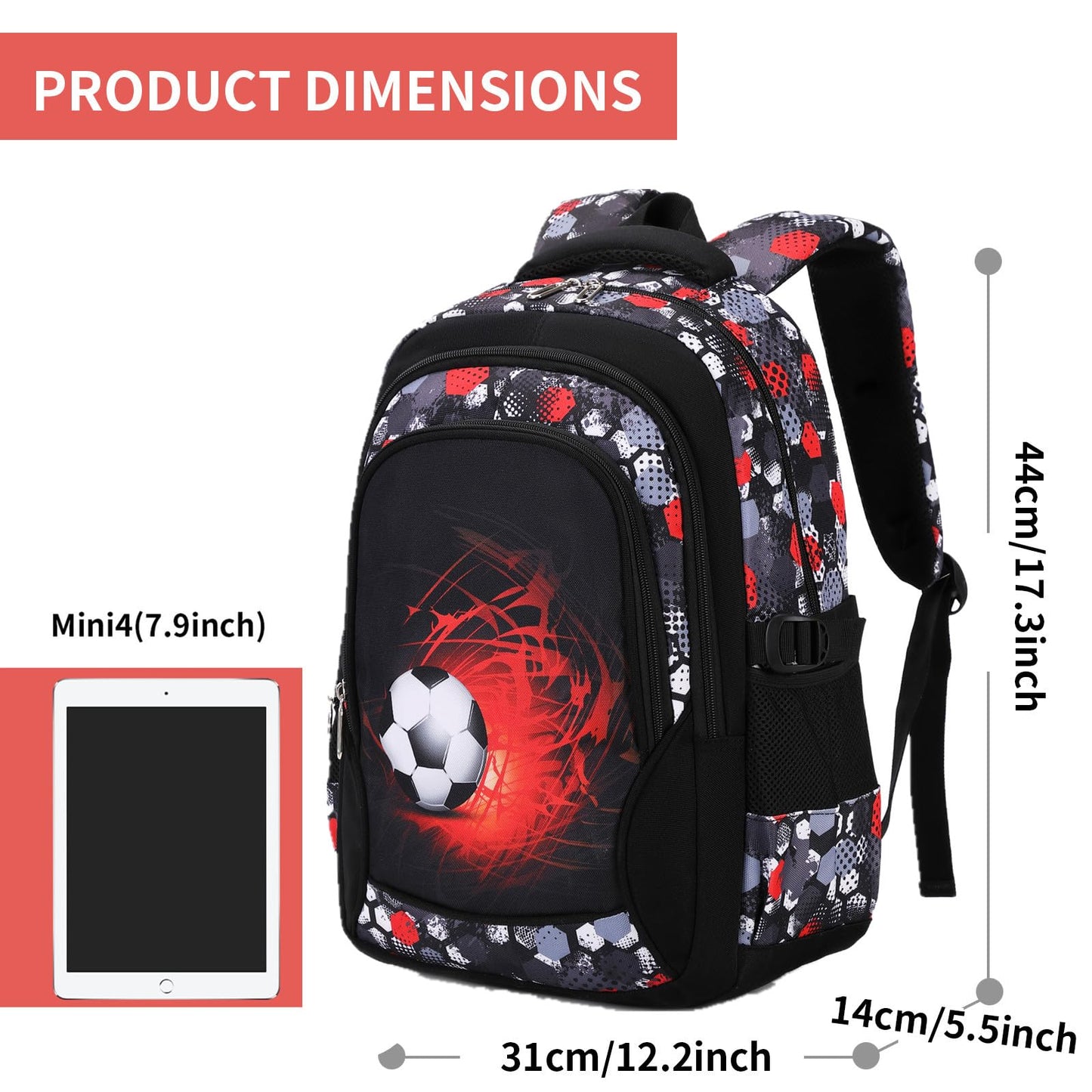 Yvechus Camo Backpack for Kids, Lightweight Camo Backpack Elementary Middle School Backpack Water Repellent Bookbag (Soccer Red 2 in 1)