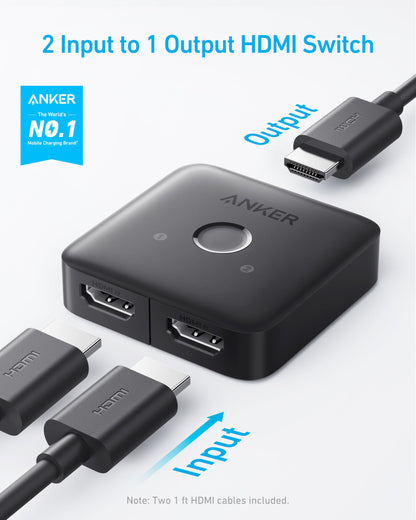 Anker HDMI Switch with 2 Pack 1ft HDMI 2.0 Cable, 4K@60Hz HDMI Splitter, 2 in 1 Out with Smooth Finish, Supports HDR, Dolby, Compatible with Laptops, PC, Xbox Series, PS5 / PS4, Projector, and More