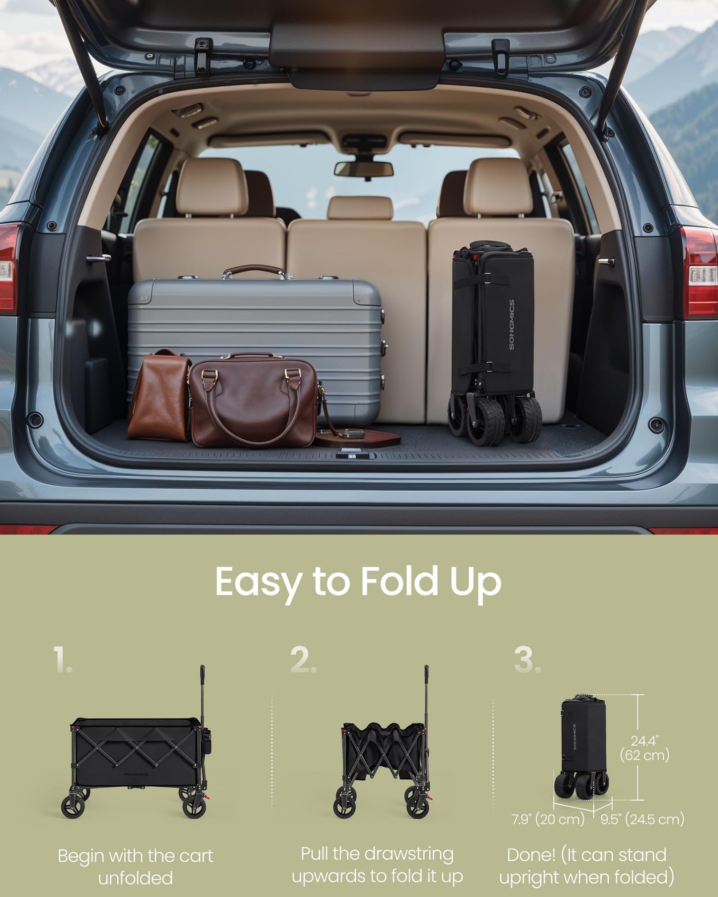 SONGMICS 40-Gallon Collaspible Wagon, Wagons Carts Foldable, for Camping Garden Outdoor, with Handle, Holds up to 330 lb, 4 Removable Wheels, Space-Saving, Ink Black UGFW115B01