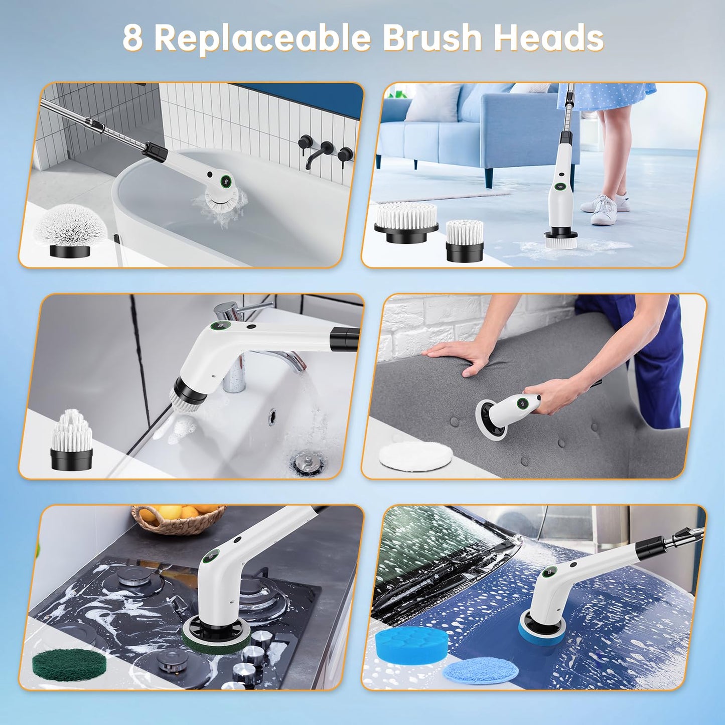 Electric Spin Scrubber, Cordless Shower Scrubber with 8 Scrub Brush, 2 Speed with Adjustable Extension Handle, Battery Level Display, Power Scrubber for Bathroom Kitchen Bathtub Tile Floor, Black