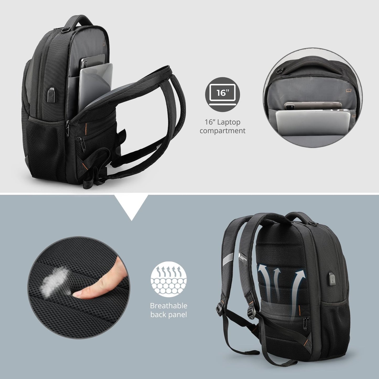 Swissdigital Design Travel Laptop Backpack, College Laptops Backpack with USB Charging Port for Men and Women Fits 16 Inch Notebook, Black | ANDWIL
