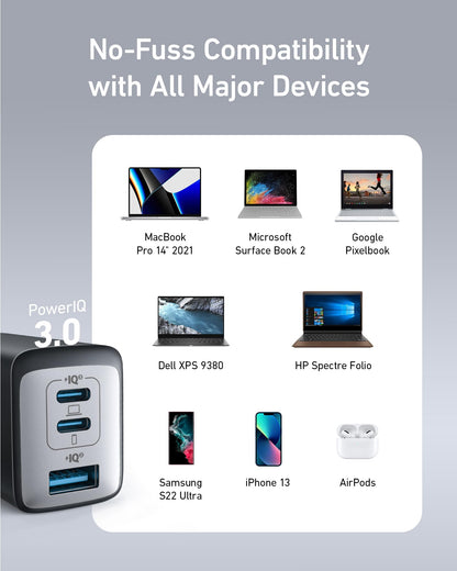 Anker USB C Charger, 735 Charger (Nano II 65W), PPS 3-Port Fast Compact Foldable for MacBook Pro/Air, iPad Pro, Galaxy S23, Dell XPS 13, Note 20/10+, iPhone 15/Pro, Steam Deck, and More