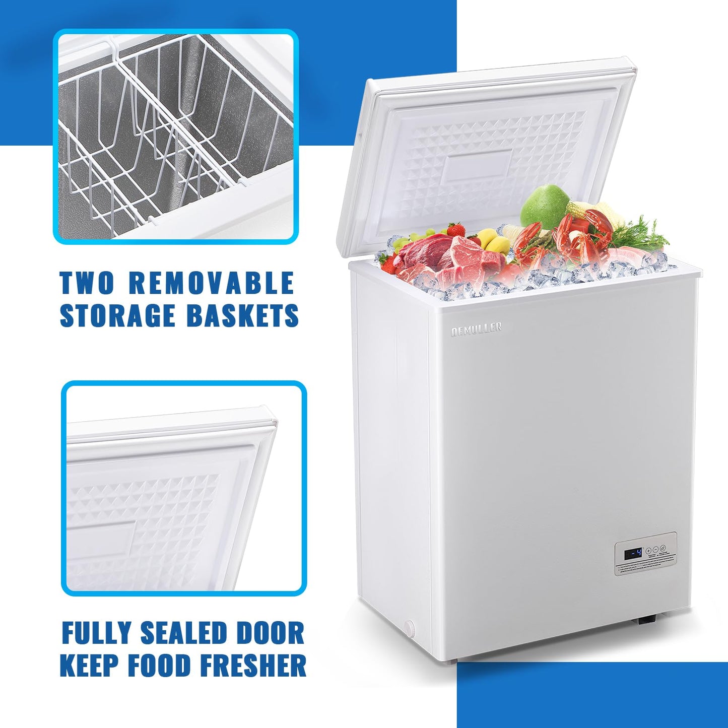 DEMULLER 63L Mini Deep Freezer with Electronic Temperature Control Panel Small Chest Freezers with Two Baskets White (-12℉ to 50℉) Ideal for Home Kitchen Dorm Office