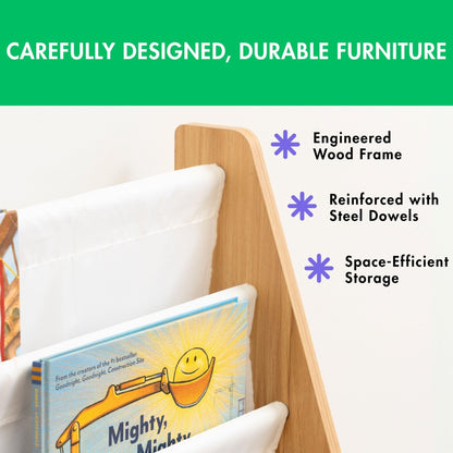 Humble Crew 4-Tier Kids Bookshelf, Natural Wood/White - Premium Book Shelf for Kids Rooms with Four Deep Pockets - Toddler Sling Book Rack with Deep Sleeves, Nursery Bookcase Organizer