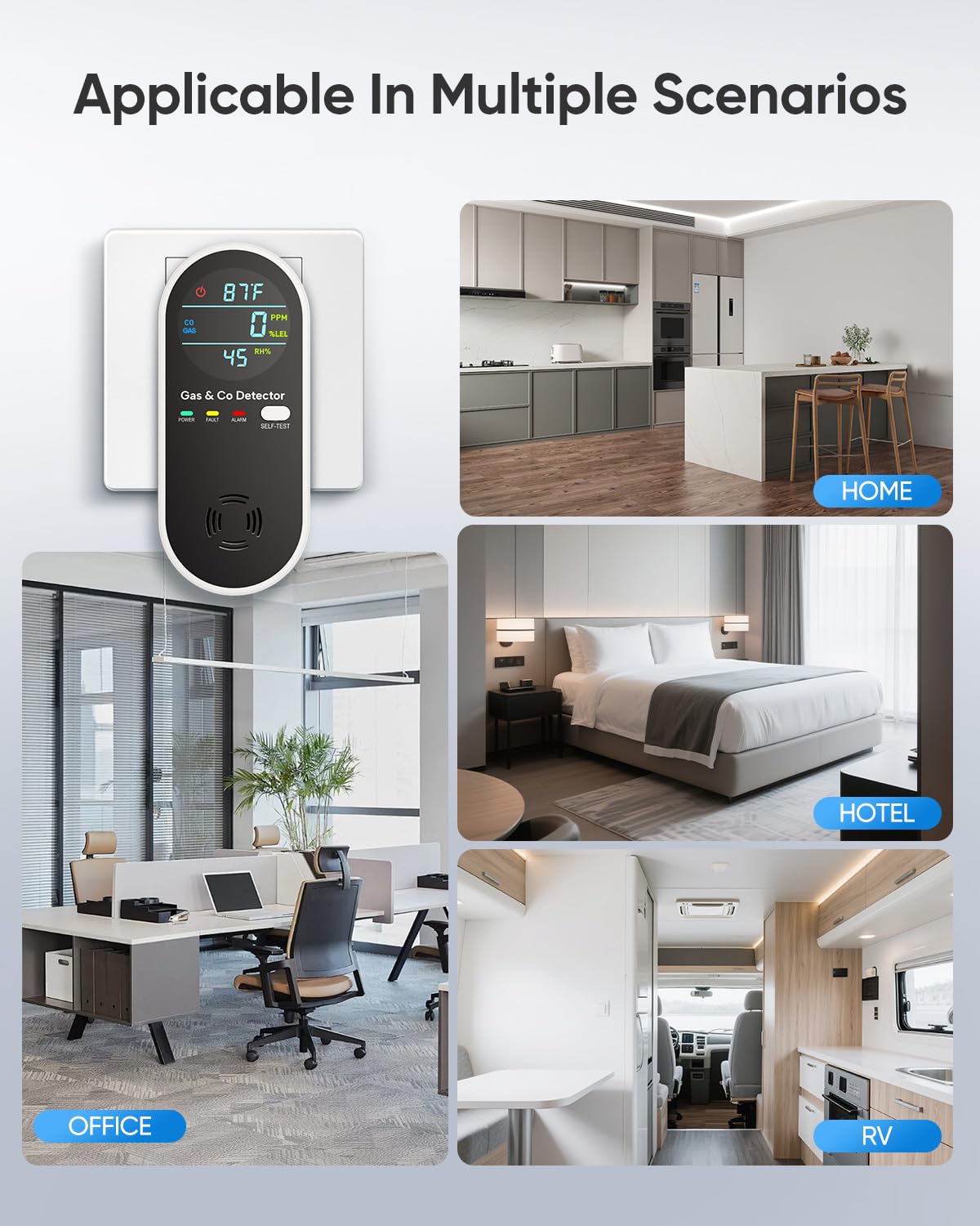 Carbon Monoxide Detectors & Natural Gas Detector, 4-in-1 Carbon Monoxide Detectors Plug in, Gas Leak Detector with Dual Alarms, Temperature & Humidity Sensor for Home, RV Essentials, Black, 2 Packs