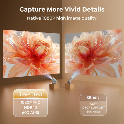 [4K Support/Auto Focus/360°Adjustable Stand]Smart-Projector-4K with WiFi 6 and Bluetooth5.2, Native 1080P Mini Portable Projector, Dolby Audio, TOPTRO Outdoor Movie Proyector Compatible with Netflix