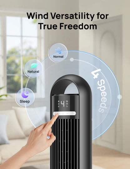 DREO Tower Fan for Bedroom, 90° Oscillating Standing Fans for Room with 4 Speeds, 3 Modes, 28dB Quiet for Sleep, 26ft/s Velocity, 8H Timer, Remote, Living Room, Office, Home, Black