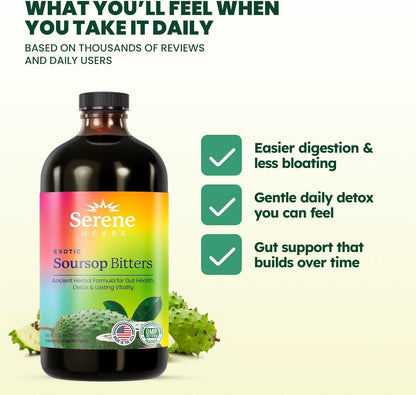 Serene Herbs - Soursop Bitters Liquid - Organic Herbal Sour SOP Guanabana Detox with Black Seed, Moringa & Ginger - Supports Digestive Wellness & Immune Function - 16 fl oz