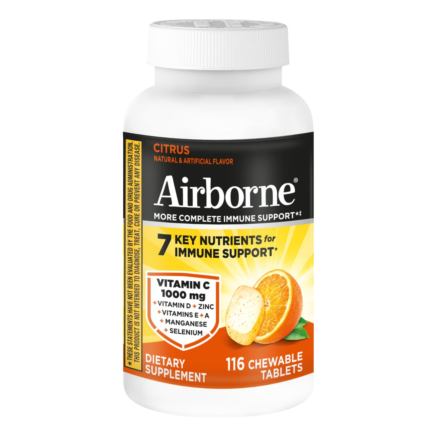 Airborne Vitamin C 1000mg (per Serving) - Citrus Chewable Tablets (116 Count in a Bottle), Gluten-Free Immune Support Supplement, with Vitamins A C E, Zinc, Selenium, Echinacea, Ginger, Antioxidants