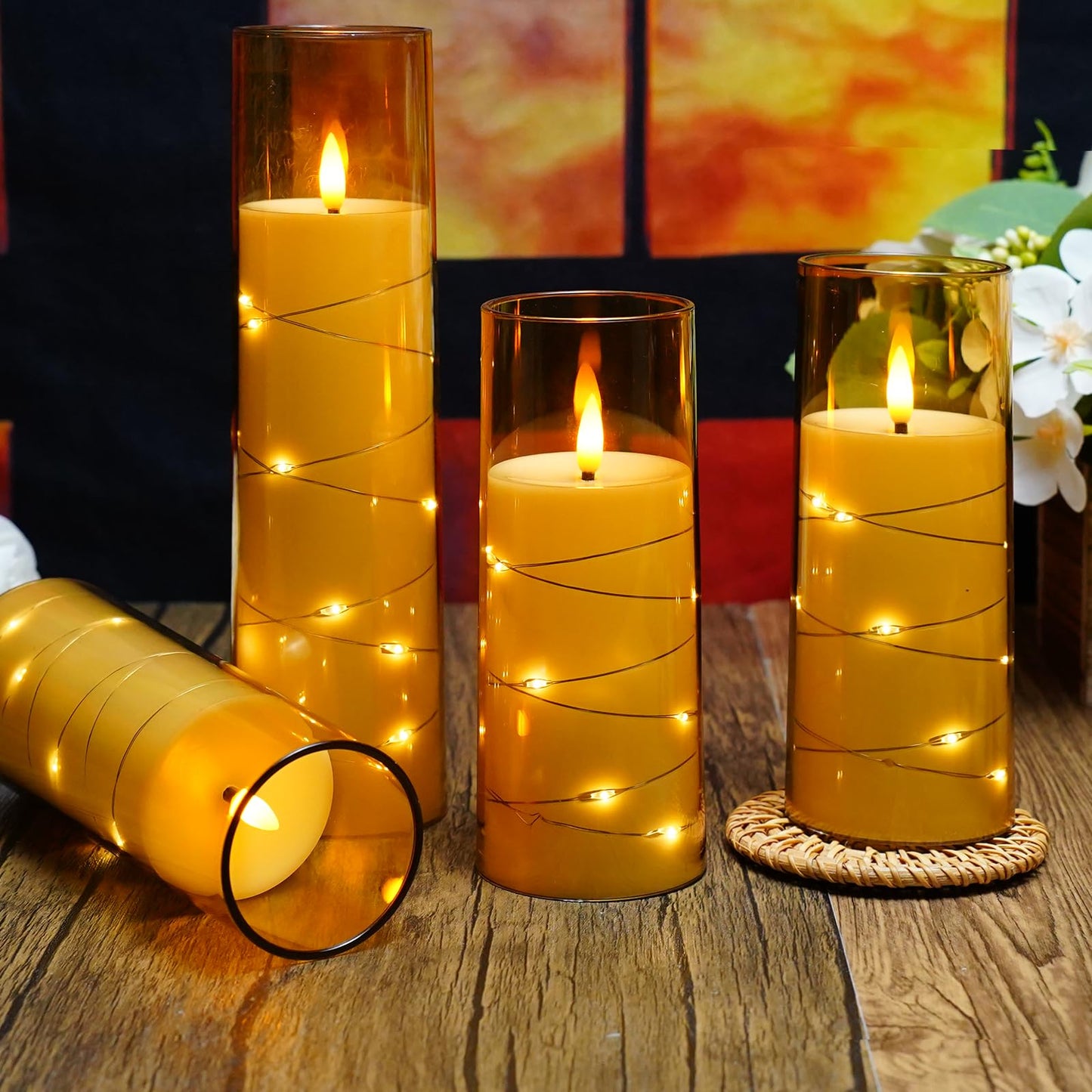 kakoya Flameless LED Candles with Timer 5 Pc Flickering Flameless Candles for Romantic Ambiance and Home Decoration Stable Acrylic Shell,with Embedded Star String，Battery Operated Candles（Gold）