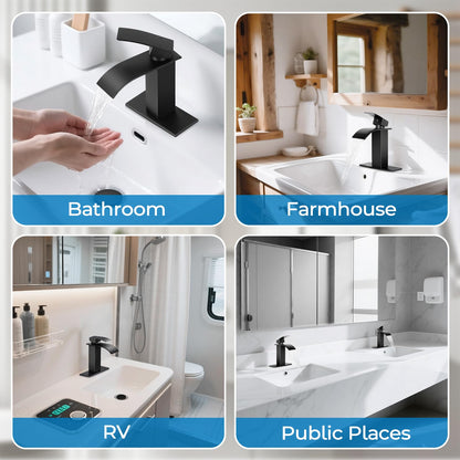 RNDIOZD Matte Black Bathroom Faucets, Waterfall Bathroom Sink Faucet Modern Single Handle Bathroom Faucte 1 or 3 Hole, RV Mixer Tap Vanity Faucet - Includes Pop-up Drain Supply Hoses Deck Plate