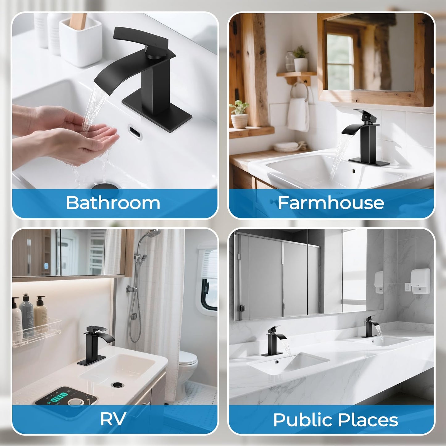 RNDIOZD Matte Black Bathroom Faucets, Waterfall Bathroom Sink Faucet Modern Single Handle Bathroom Faucte 1 or 3 Hole, RV Mixer Tap Vanity Faucet - Includes Pop-up Drain Supply Hoses Deck Plate