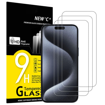 NEW'C 3 Pack Designed for iPhone 16 Plus, iPhone 15 Pro Max, iPhone 15 Plus (6.7 inches) Screen Protector Tempered Glass,Case Friendly Ultra Resistant