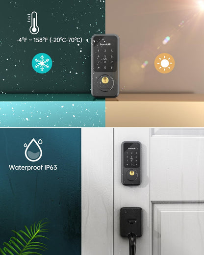 Keyless Entry Door Lock with Handle, Hornbill Smart Front Door Lock Set, Electronic Keypad Deadbolt Lock, Alexa Front Door Handle Set, Digital Lock via Bluetooth APP/Keyfob/Auto Lock-Matte Black