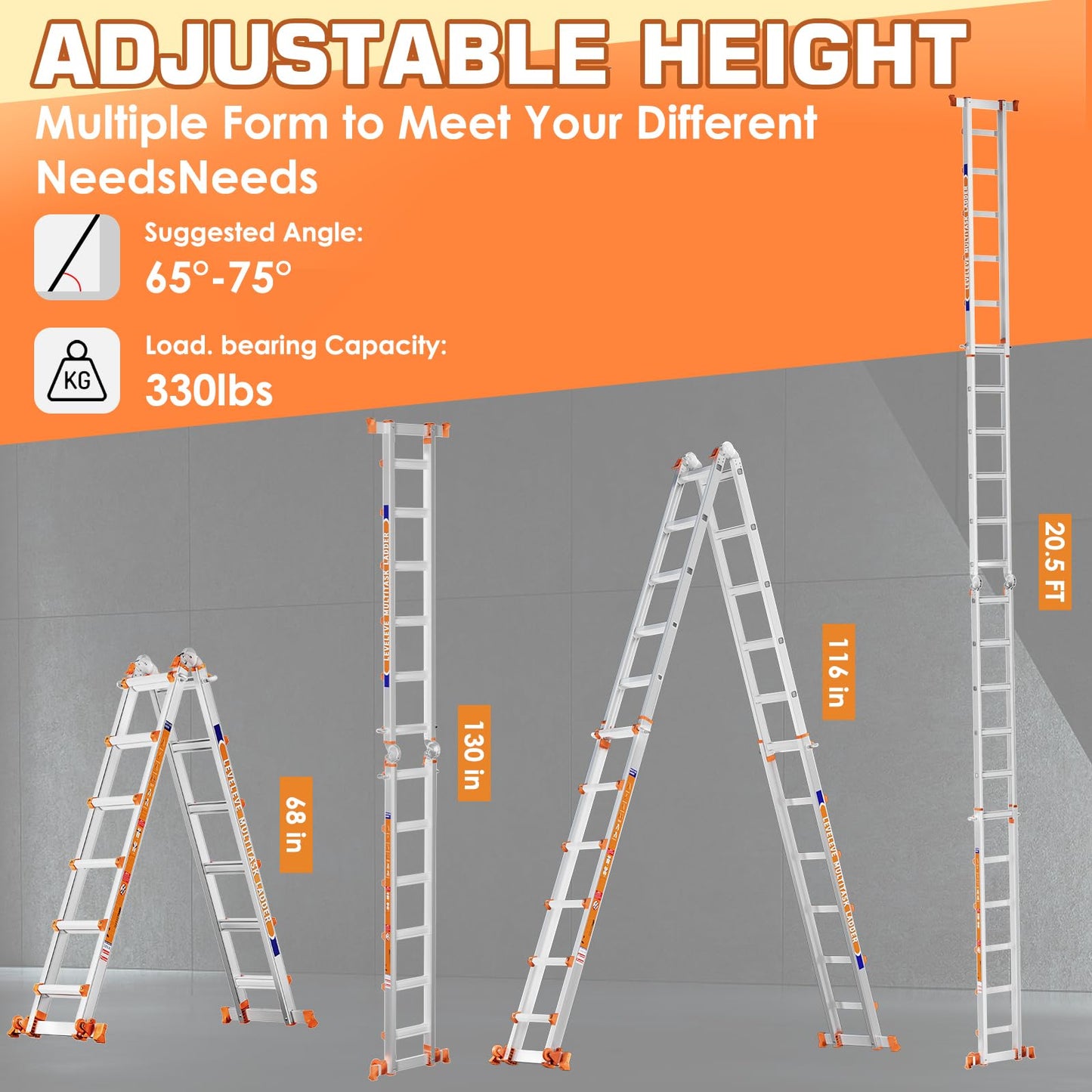 LEVELEVE Telescoping A Frame Ladder, 20FT Multi Position Ladder with Stabilizer Bar & Wheels,330 lbs Security Load for Stairs Home Indoor Outdoor Roof