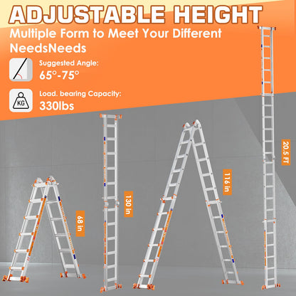LEVELEVE Telescoping A Frame Ladder, 20FT Multi Position Ladder with Stabilizer Bar & Wheels,330 lbs Security Load for Stairs Home Indoor Outdoor Roof