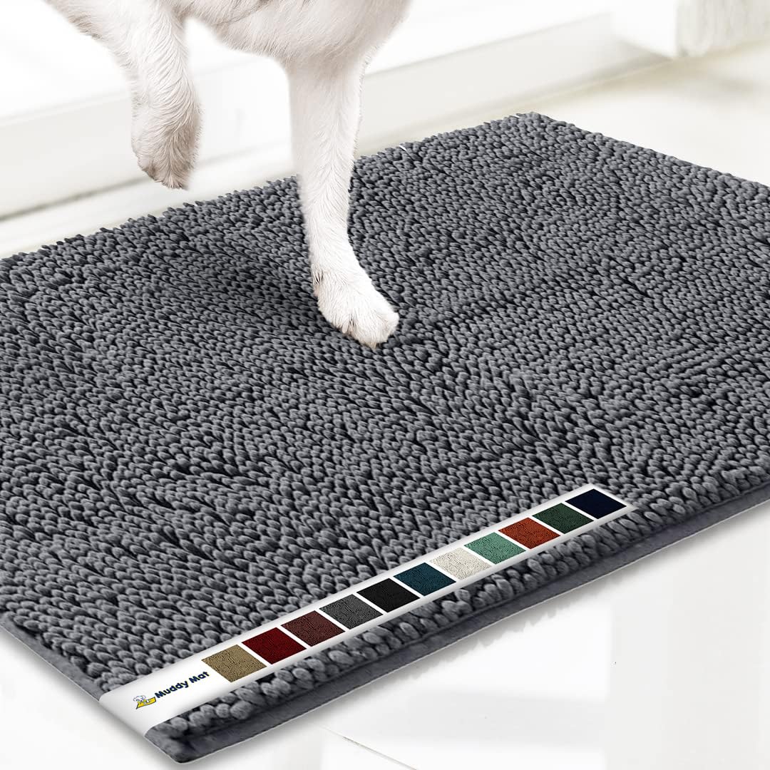 Muddy Mat® Shown ON TV Highly Absorbent Microfiber Door Mat and Pet Rug Non Slip Thick Washable Area and Bath Mat Soft Chenille for Kitchen Bathroom Bedroom Indoor and Outdoor - Grey Medium 30"X19"