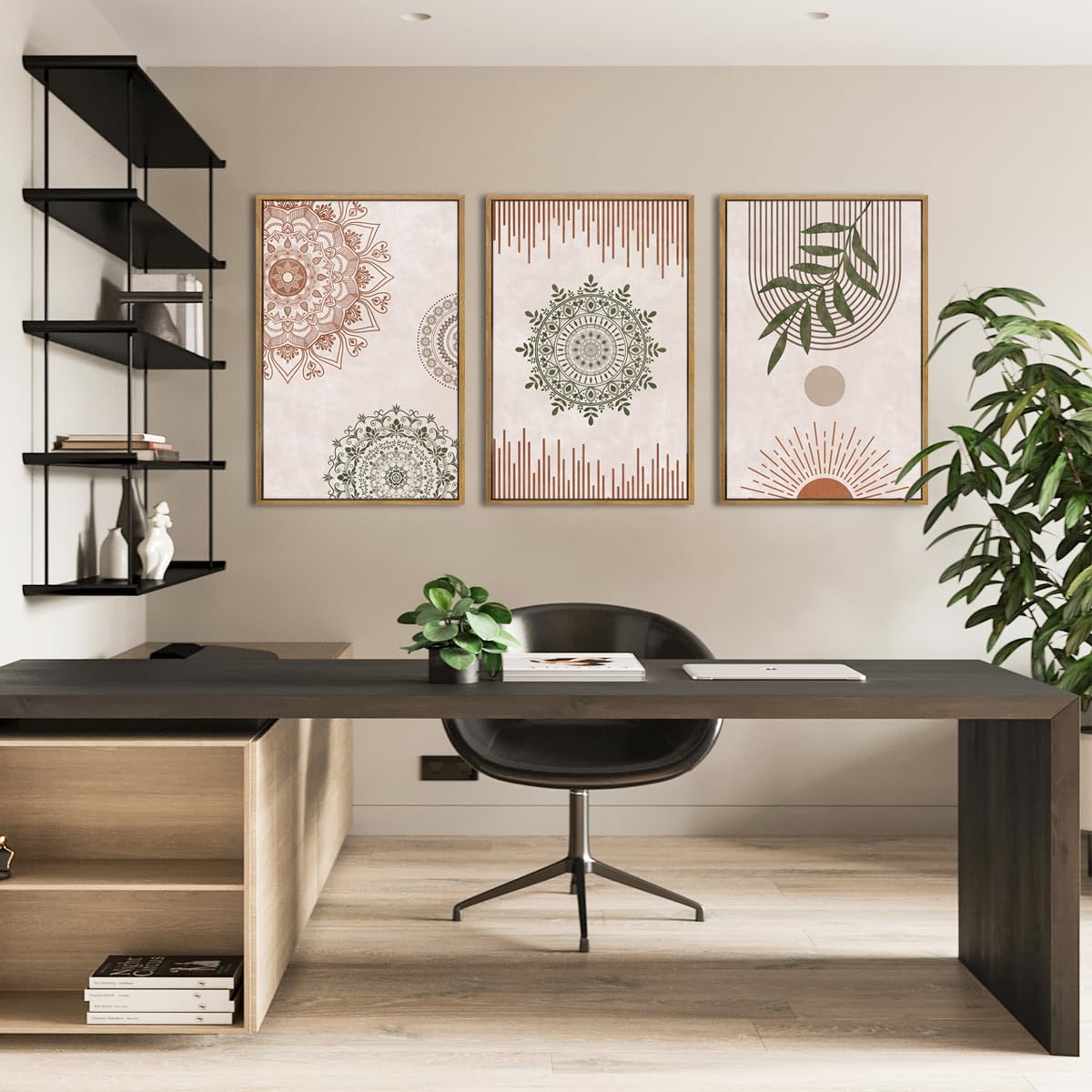 Anyzal Boho Wall Art Framed Large Abstract Geometric Line Paintings Mid-century Modern Plant Wall Decor for Bedroom Living Room Office 16x24 Inches 3 Piece