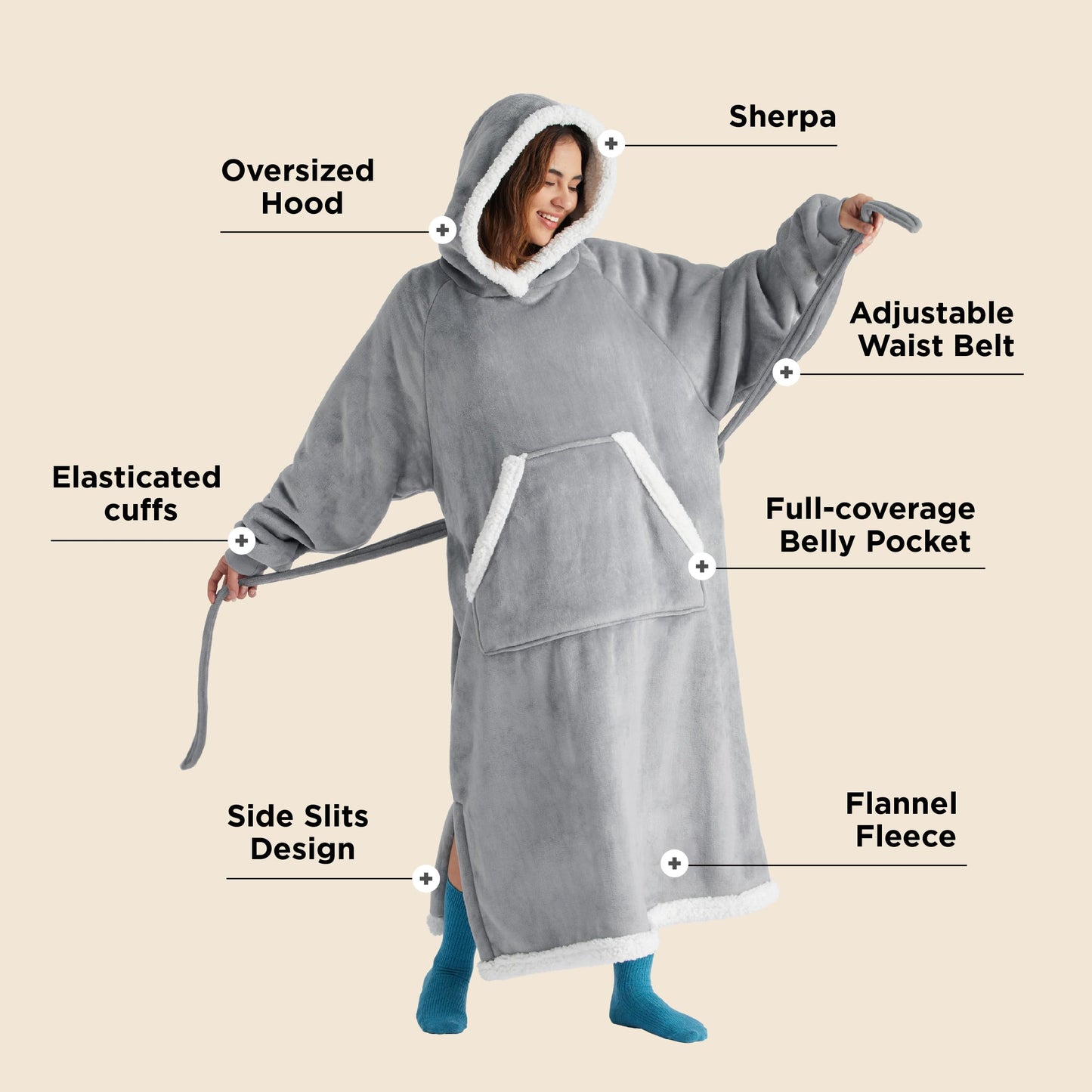 Bedsure Wearable Blanket Hoodie Women - Long Sherpa Hooded Blanket for Adult Warm Cozy Blanket Sweatshirt Gifts for Women Men, Standard, Grey