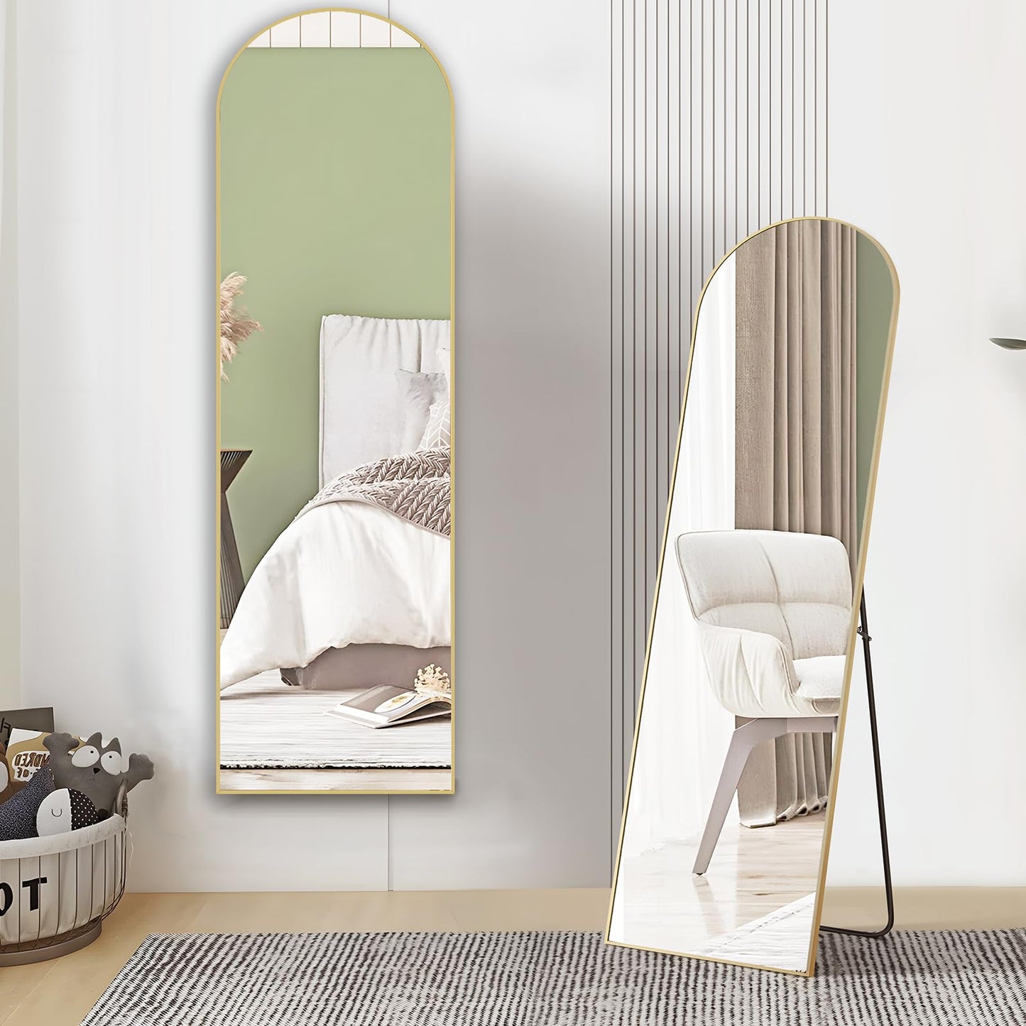 OLIXIS Arched Full Length Mirror 59"x16" for Bedroom, Full Body Mirror with Stand, Hanging or Leaning for Wall, Aluminum Alloy Thin Frame Floor Standing for Living Room, Tall, Gold