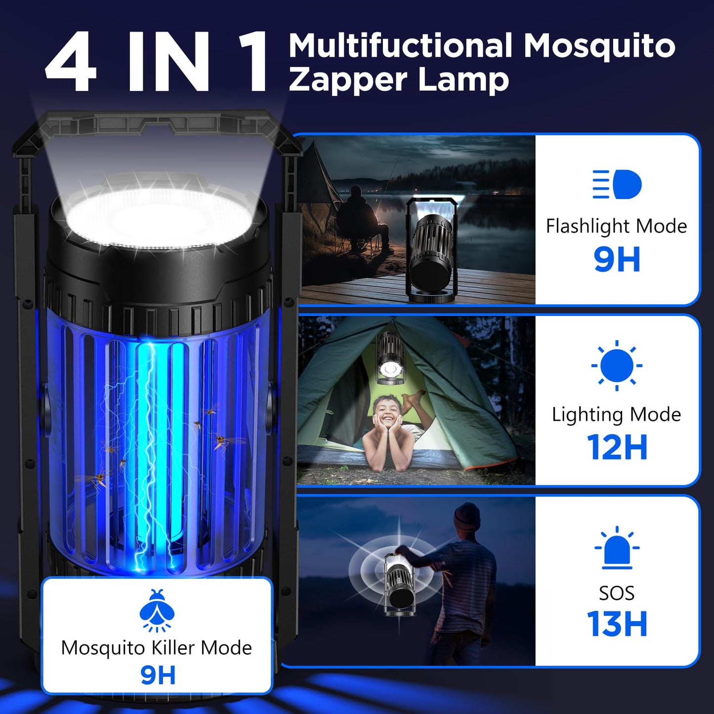 Evolpol Bug Zapper Outdoor & Indoor, 5000mAh Rechargeable 4 in 1 Electric Mosquito Zapper, 4200V with LED Light Hanging Portable Mosquito Killer，Fly Trap for Outdoor Patio, Camping, Backyard, Fishing